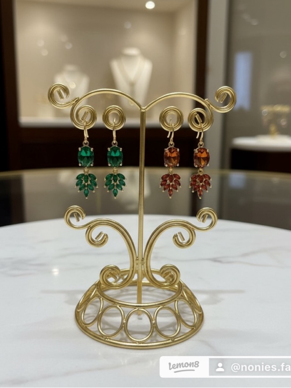 Handcrafted Green and Amber Crystal Drop Earrings in Gold-Tone Setting